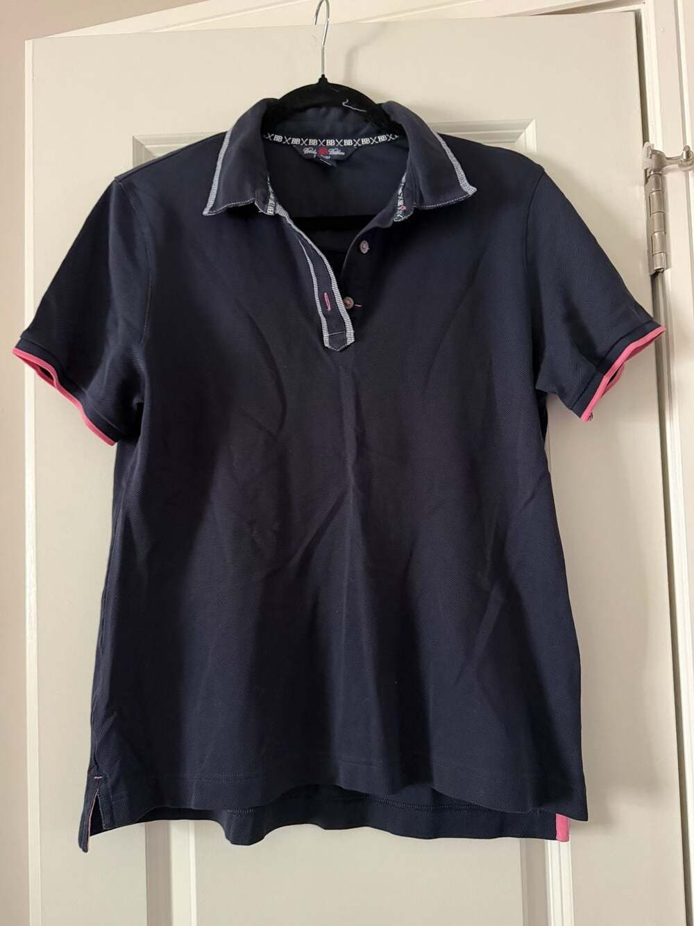 Brooks Brothers ProSport Navy Blue Pink Trim Polo Shirt Size L